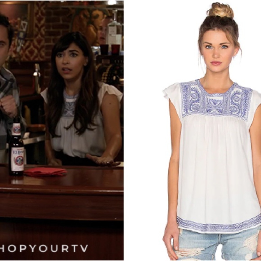 Joie White Blouse with Blue‎ Embroidery